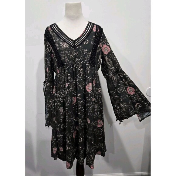 NWT Style&Co Floral Boho Peasant Dress Crochet Bell Sleeves Boho Fairy Small‎ S - Picture 3 of 10